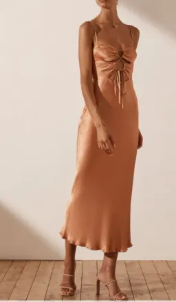 Shona Joy Eloise Lace Up Midi Dress in Caramel Size 6 for rent on The Volte - image 3