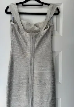 Herve Leger Sweetheart Banded Foil Gown Silver in Size XS/AU 6 for rent on The Volte - image 5