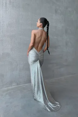 Melani The Label Maria Cowl Gown in Moonlight Silver Foil Size L / AU 12 for rent on The Volte - image 3