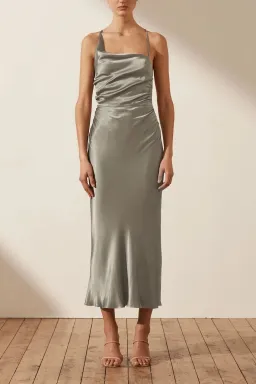Shona Joy La Lune Asymmetrical Bias Cowl Midi Dress Sage Size 8 for rent on The Volte - image 1