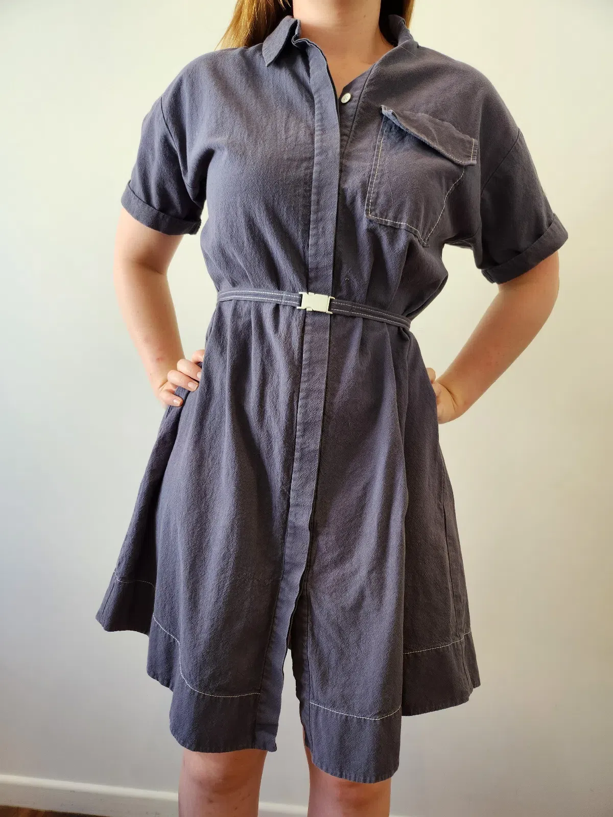 Cue Button Up Dress with Belt Navy Size 8 - Image 2