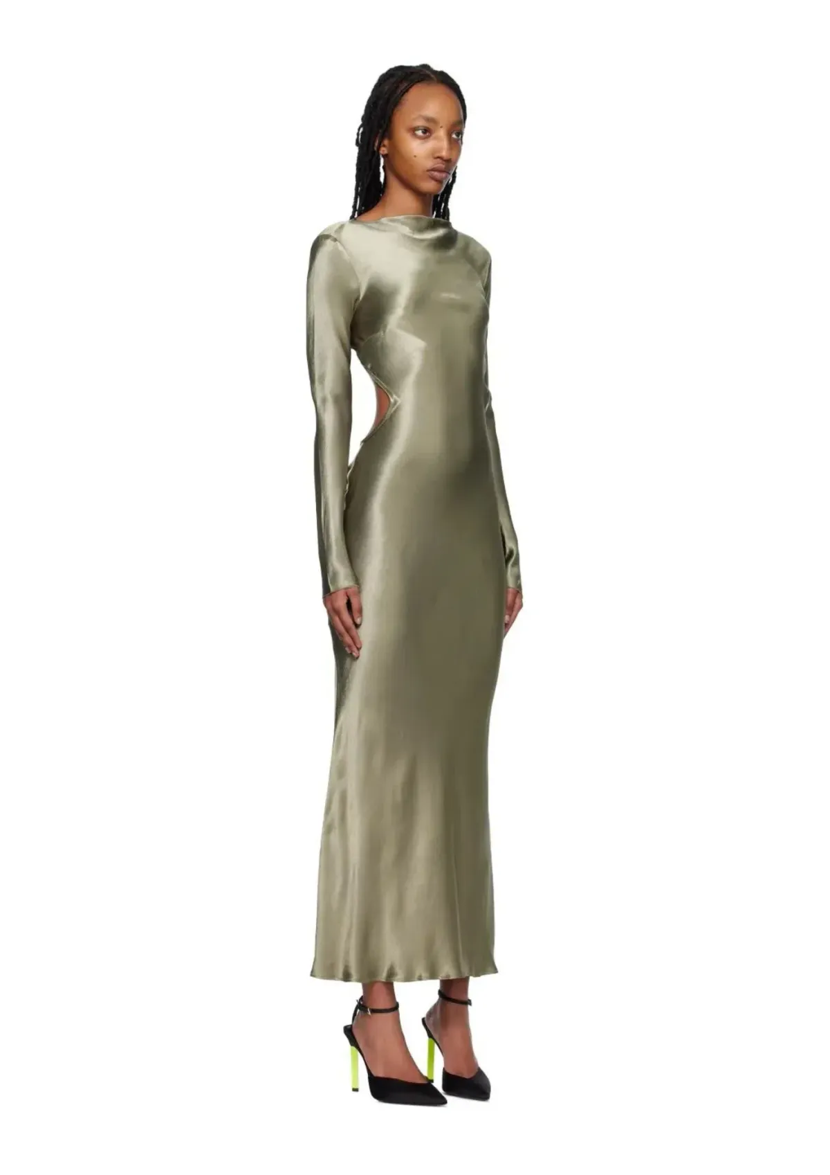 Bec & Bridge Ren Satin Long Sleeve Midi Dress Dark Olive Size AU 8 - Image 2