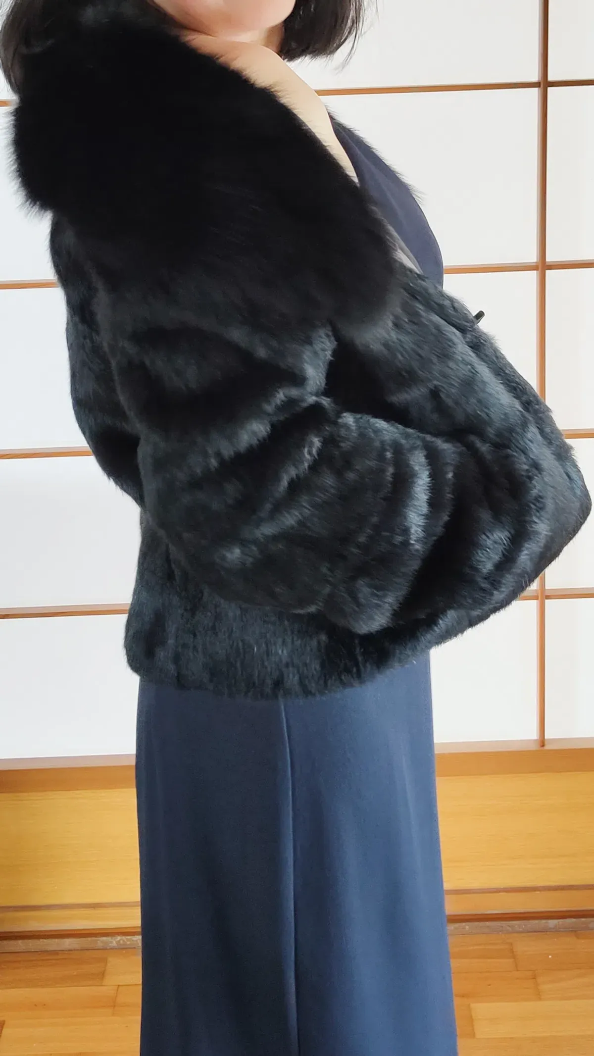 Black Genuine Rabbit Fur Jacket with Fox Collar in Small / AU 8 - Image 6