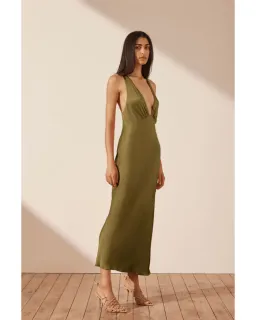 Shona Joy Arienzo Plunged Cross Back Midi Dress Green Olive Size AU 10 for rent on The Volte - image 2
