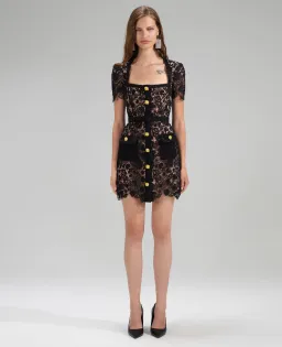 Self Portrait Embellished Belted Guipure Lace Mini Dress Black Size 6 for rent on The Volte - image 1
