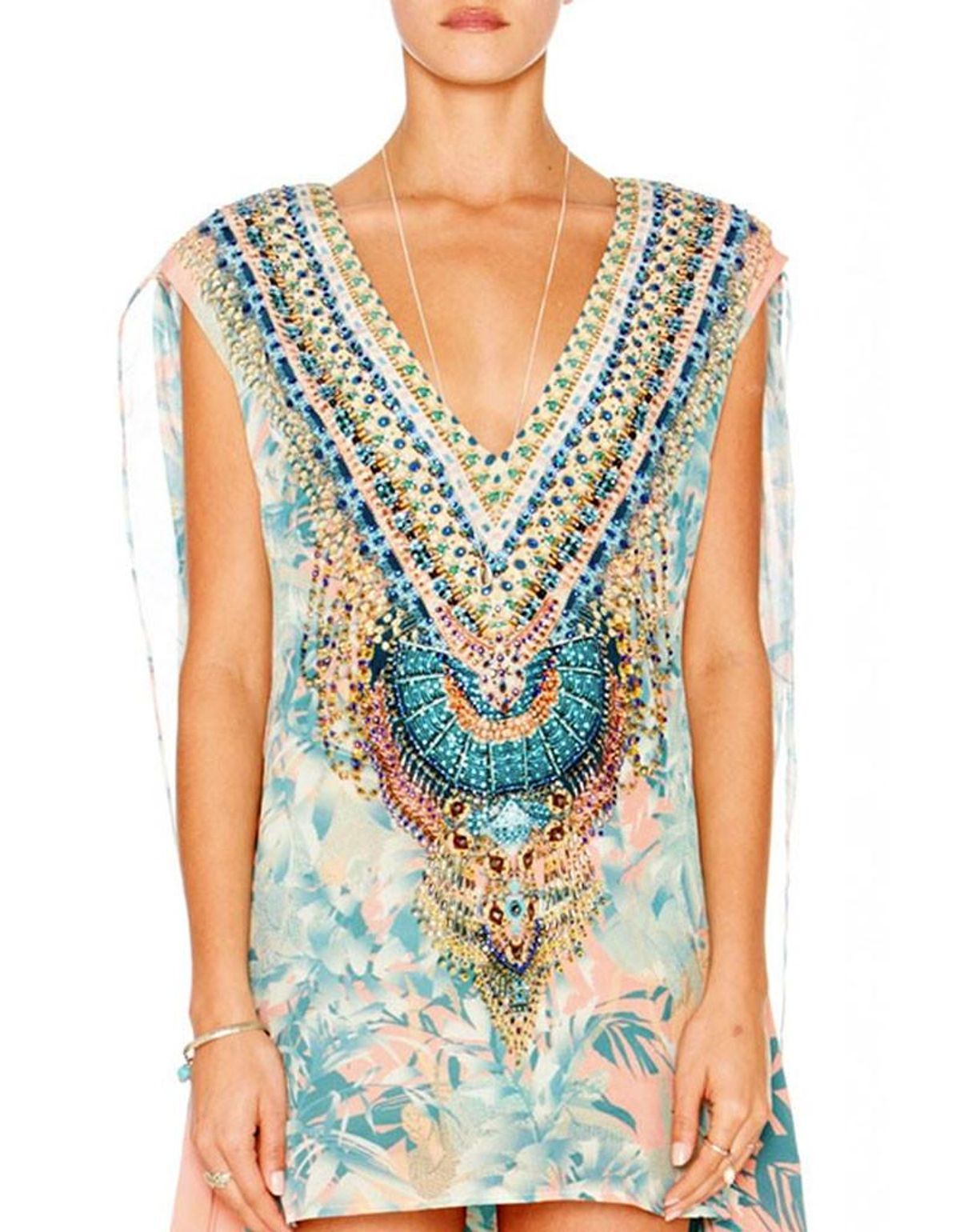 Camilla Deep V Mini Dress with Cape in Garden of Dream Blue Print Size 2 - Image 2