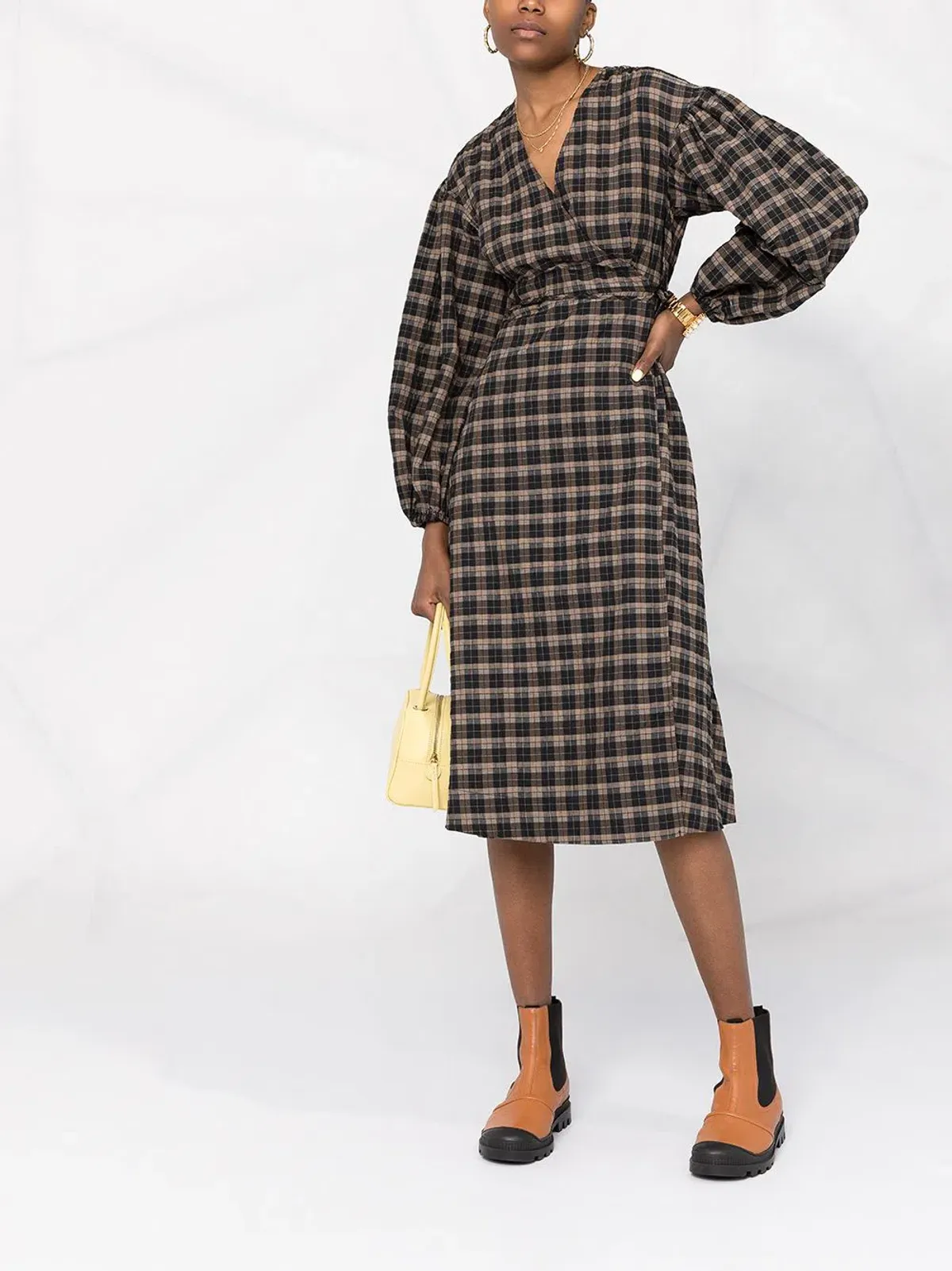 Ganni Fossil Seer Sucker Wrap Dress Check Print Size M / AU 10 - Image 1