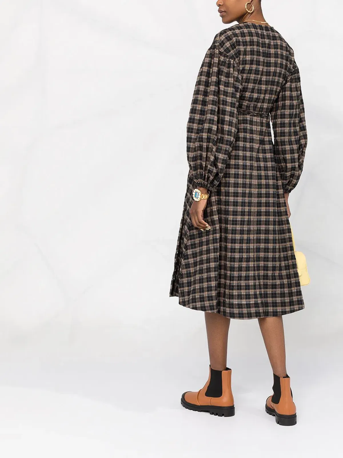 Ganni Fossil Seer Sucker Wrap Dress Check Print Size M / AU 10 - Image 3