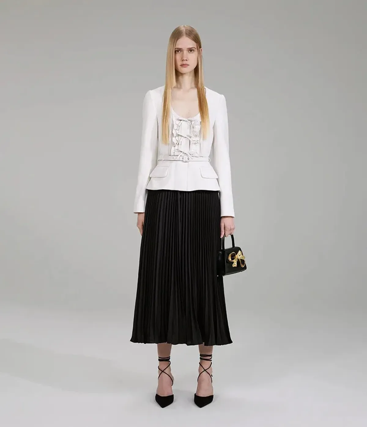 Self-Portrait Pleated Skirt Midi Dress Cream and Black Size 16 - Image 1