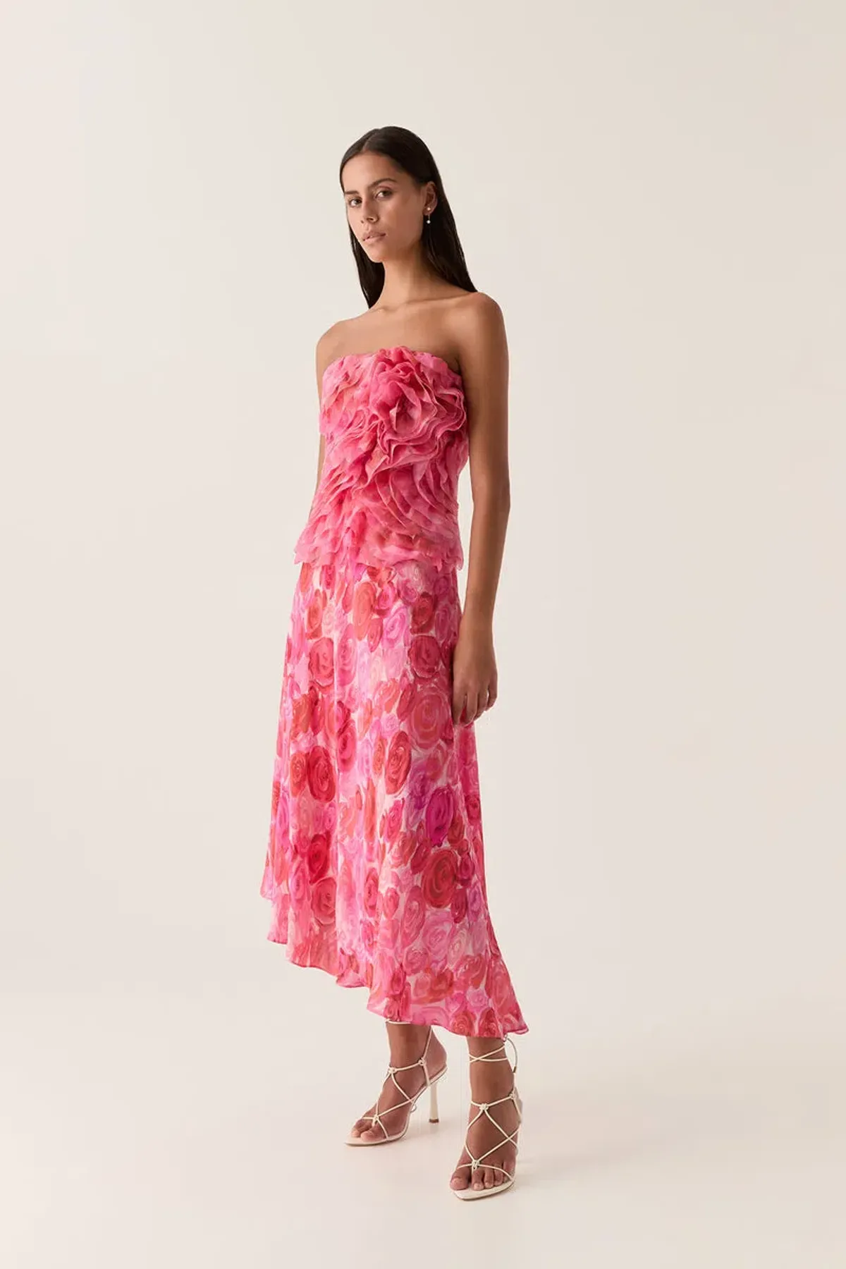 Aje Charmed Rosette Ruffle Bustier and Valeria Asymmetric Midi Skirt Set Misty Rose Size 16 - Image 1