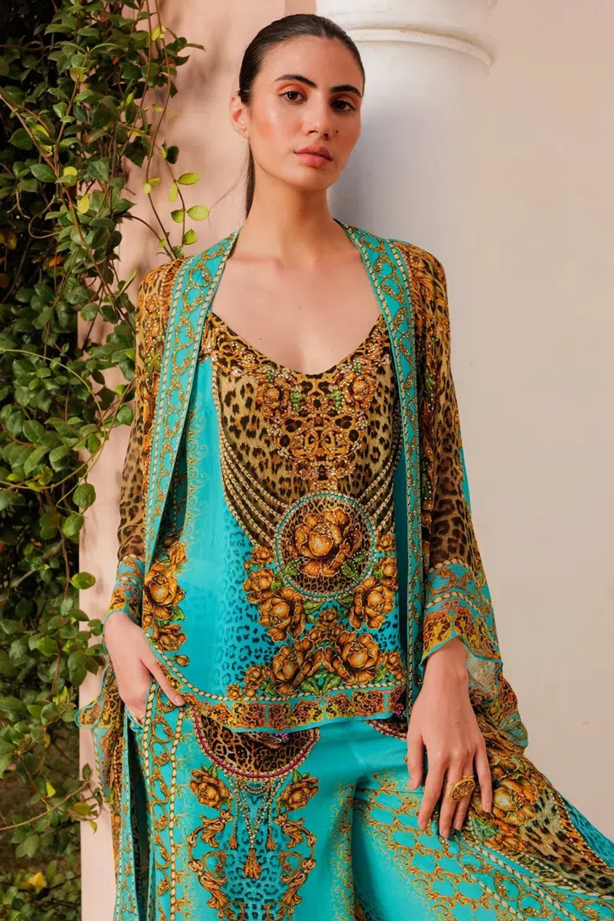 Czarina Aqua Leopardess Cami Top & Palazzo Pants with Side Slit Set Blue & Animal Print Size L/ AU12 - Image 2