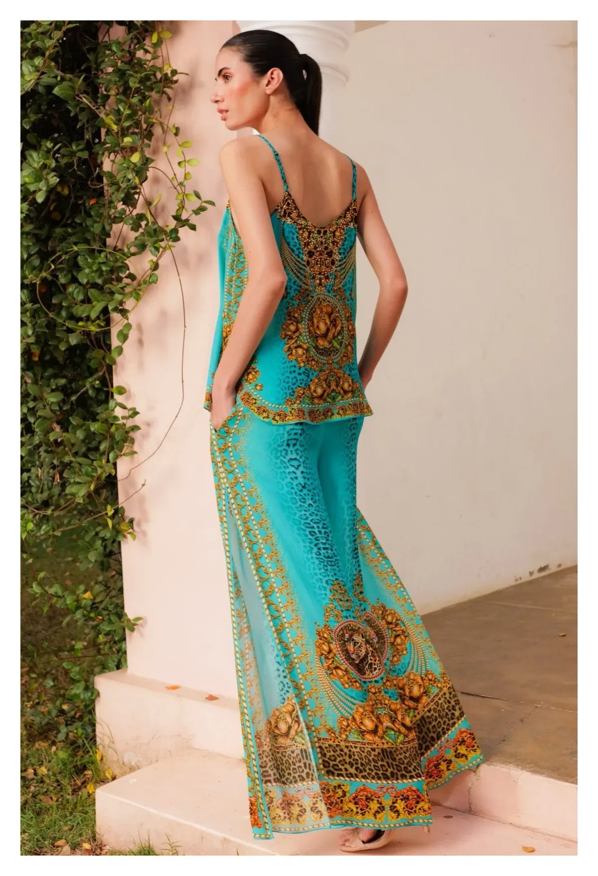 Czarina Aqua Leopardess Cami Top & Palazzo Pants with Side Slit Set Blue & Animal Print Size L/ AU12 - Image 3