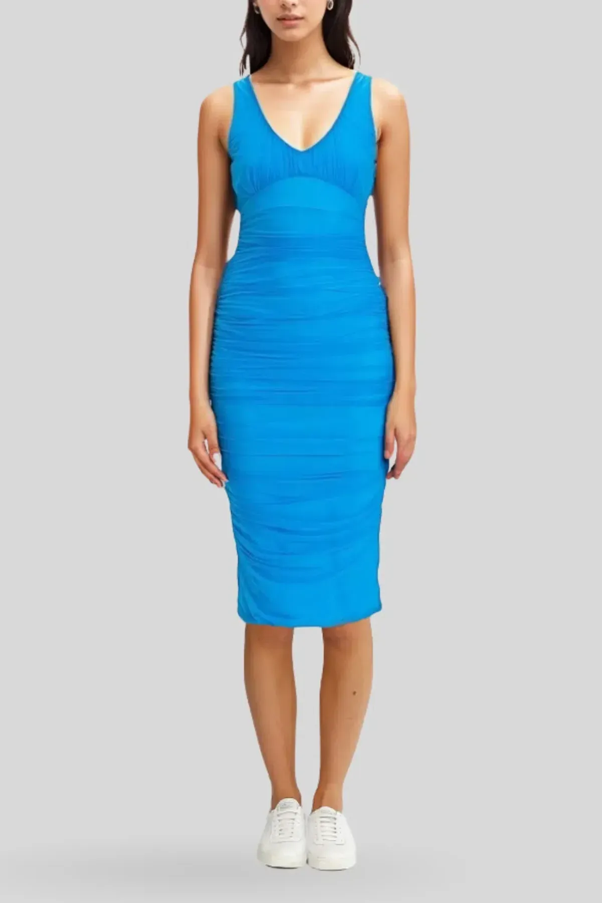 Cue Ruched Mesh Midi Dress in Blue Jewel Size 10 - Image 3