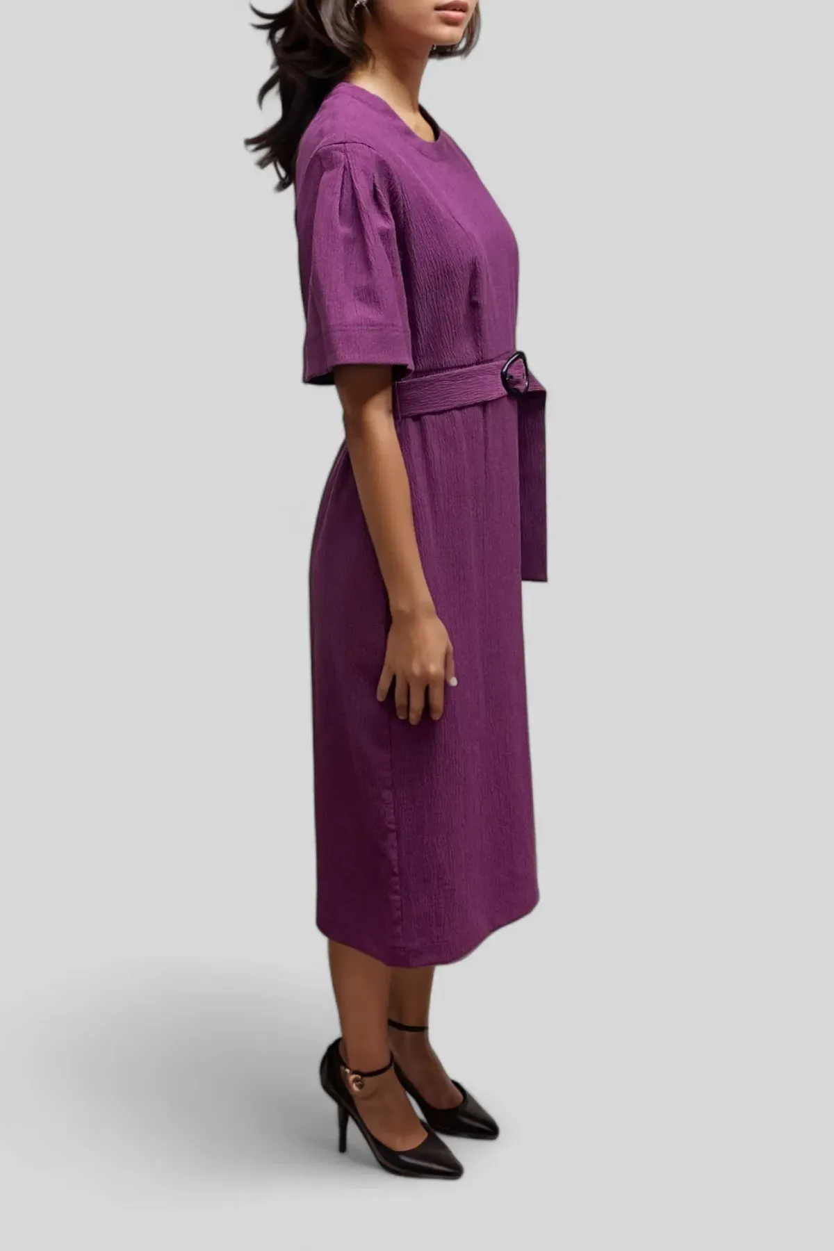 Veronika Maine Crinkle Cotton Belted Midi Dress in Plum Size 10 - Image 2