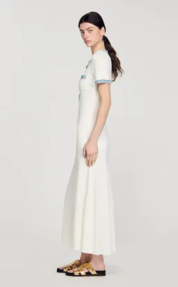 Sandro Knit and Denim Midi Dress White Size 8 for rent on The Volte - image 2