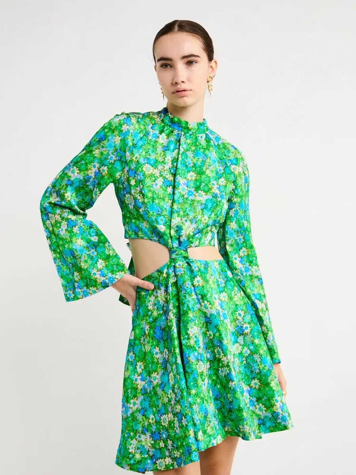 Alemais Cassandra Cut Out Mini Dress Green Floral Size 14 - Image 2