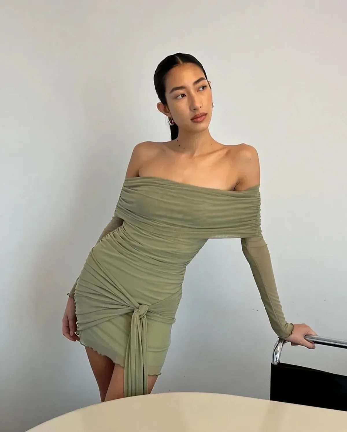 Benni Yasmin Off Shoulder Mini Dress Green Size S/Au 8  - Image 7