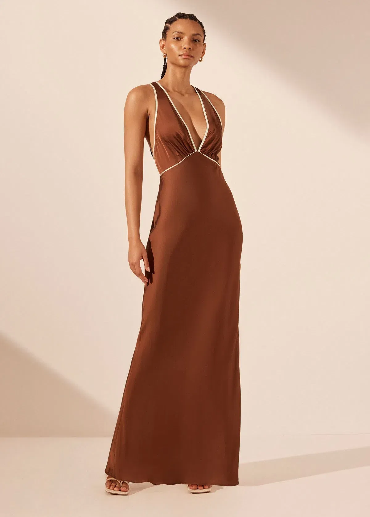 Shona Joy Belkis Contrast Plunged Cross Back Maxi Dress Chocolate/Ivory Size S / AU 8 - Image 1