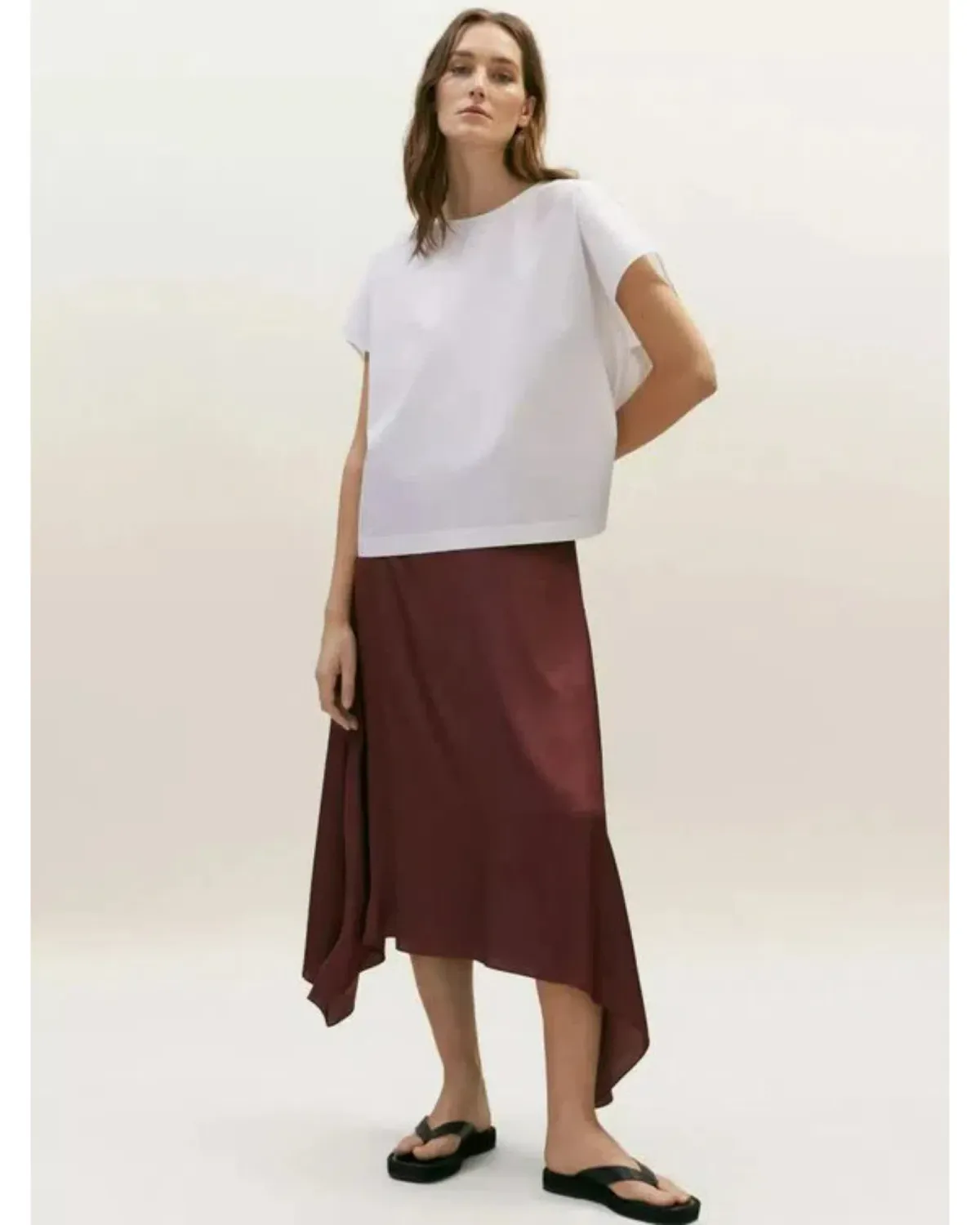 Massimo Dutti "Flowing Asymmetric" Midi Skirt Burgundy Size AU 6 - Image 1
