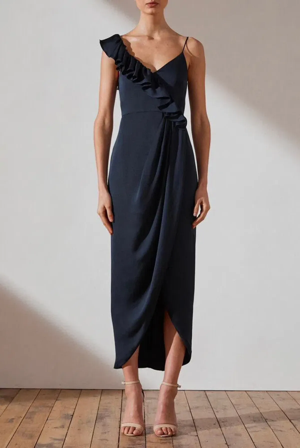 Shona Joy Asymmetrical Frill Draped Dress in Sapphire Size 6 - Image 2
