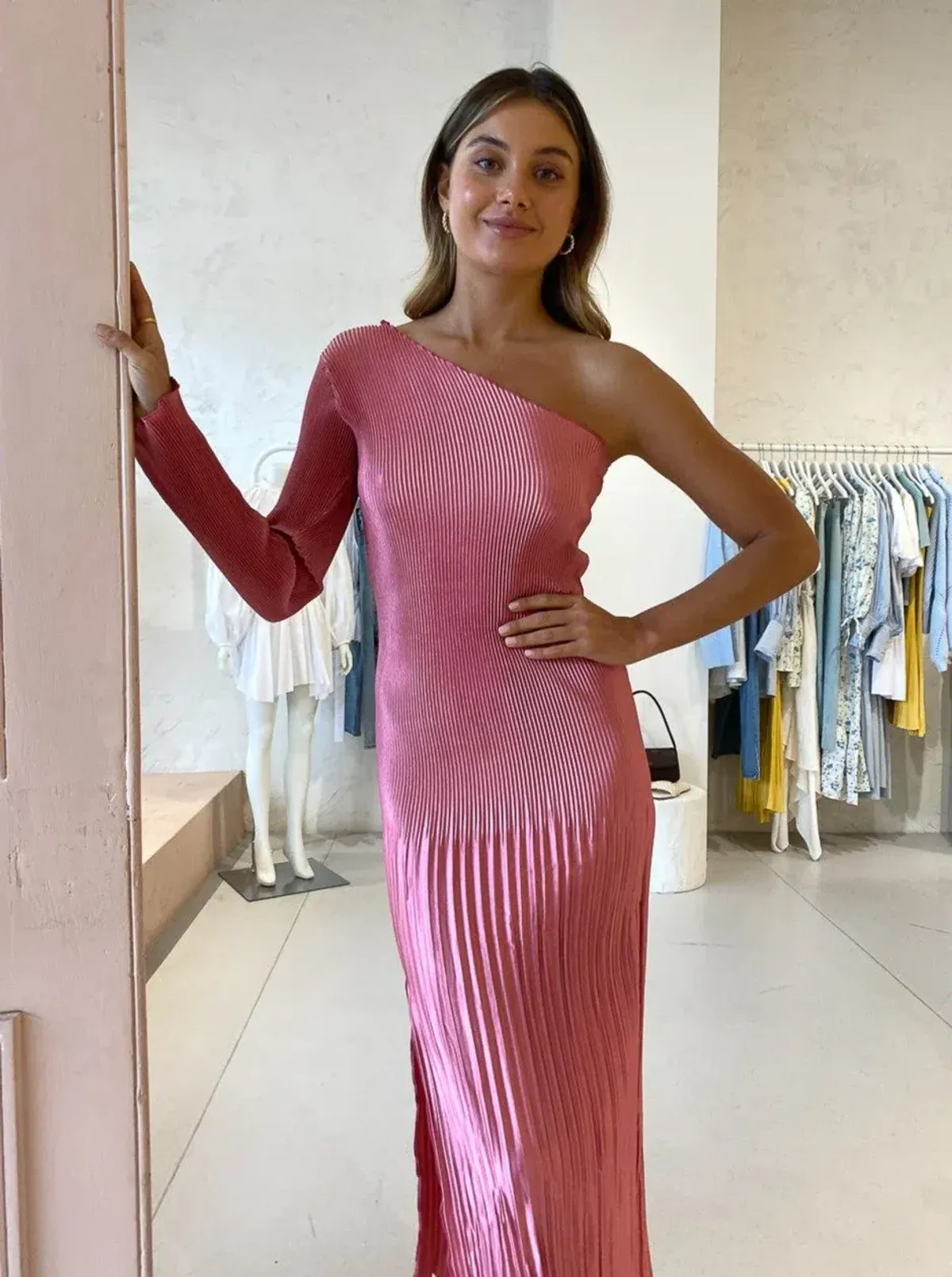 L'Idee Soiree One Shoulder Long Sleeve Dress Dusty Rose Size 6 - Image 3