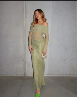 Benni Yasmin Off The Shoulder Maxi Dress in Pistachio Size AU 12 for rent on The Volte - image 5