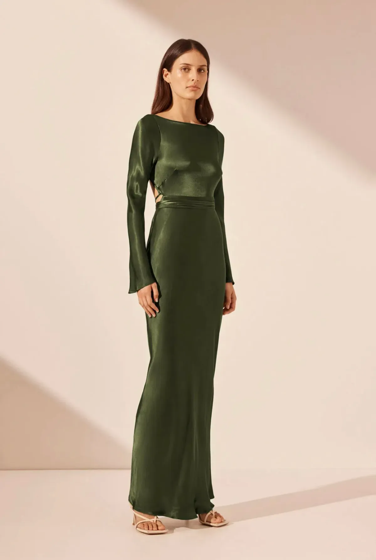 Shona Joy Elia Long Sleeve Open Back Tie Maxi Dress in Fern Size 12 - Image 2