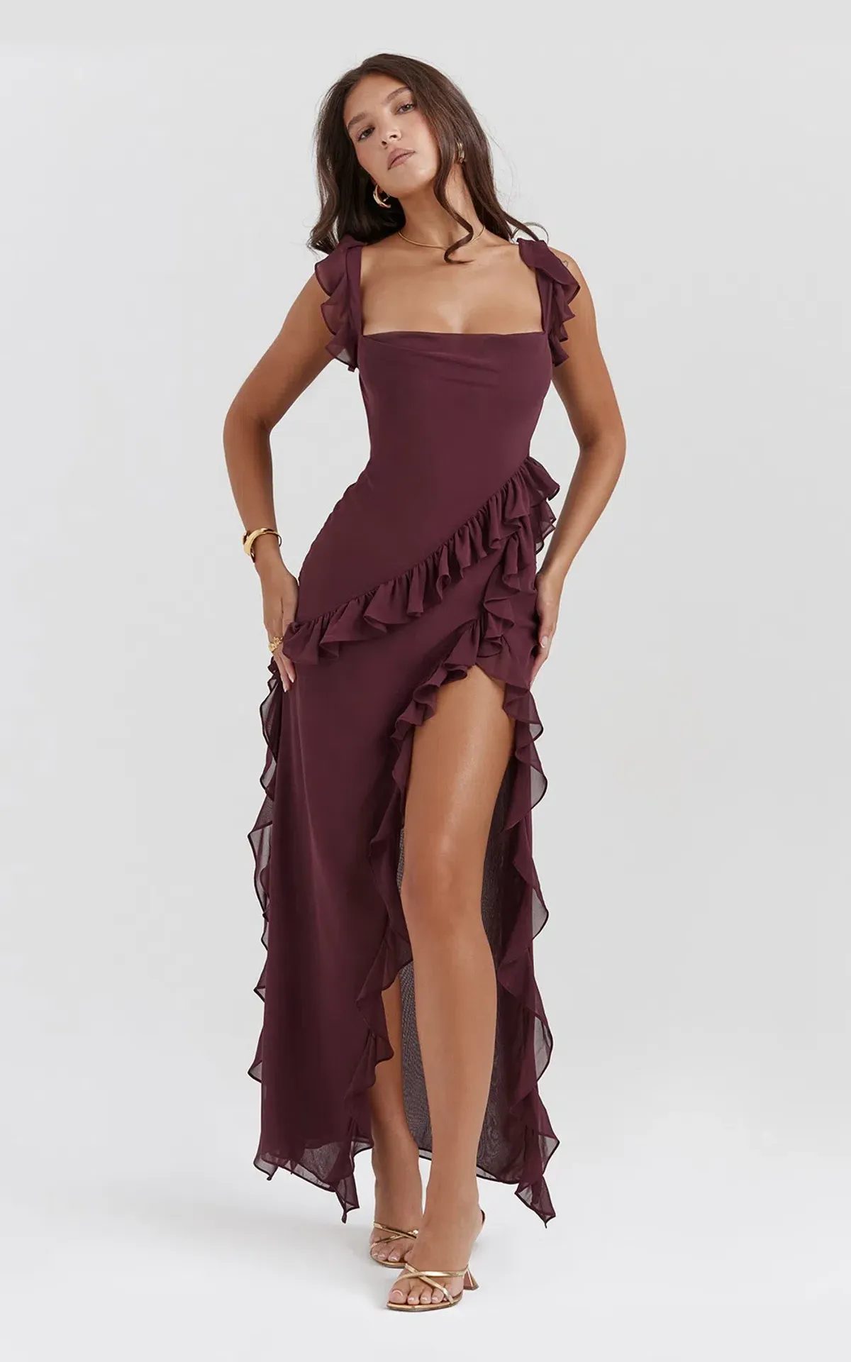 House of CB Ariela Ruffle Maxi Dress Mulberry Size XS / AU 6 - Image 1