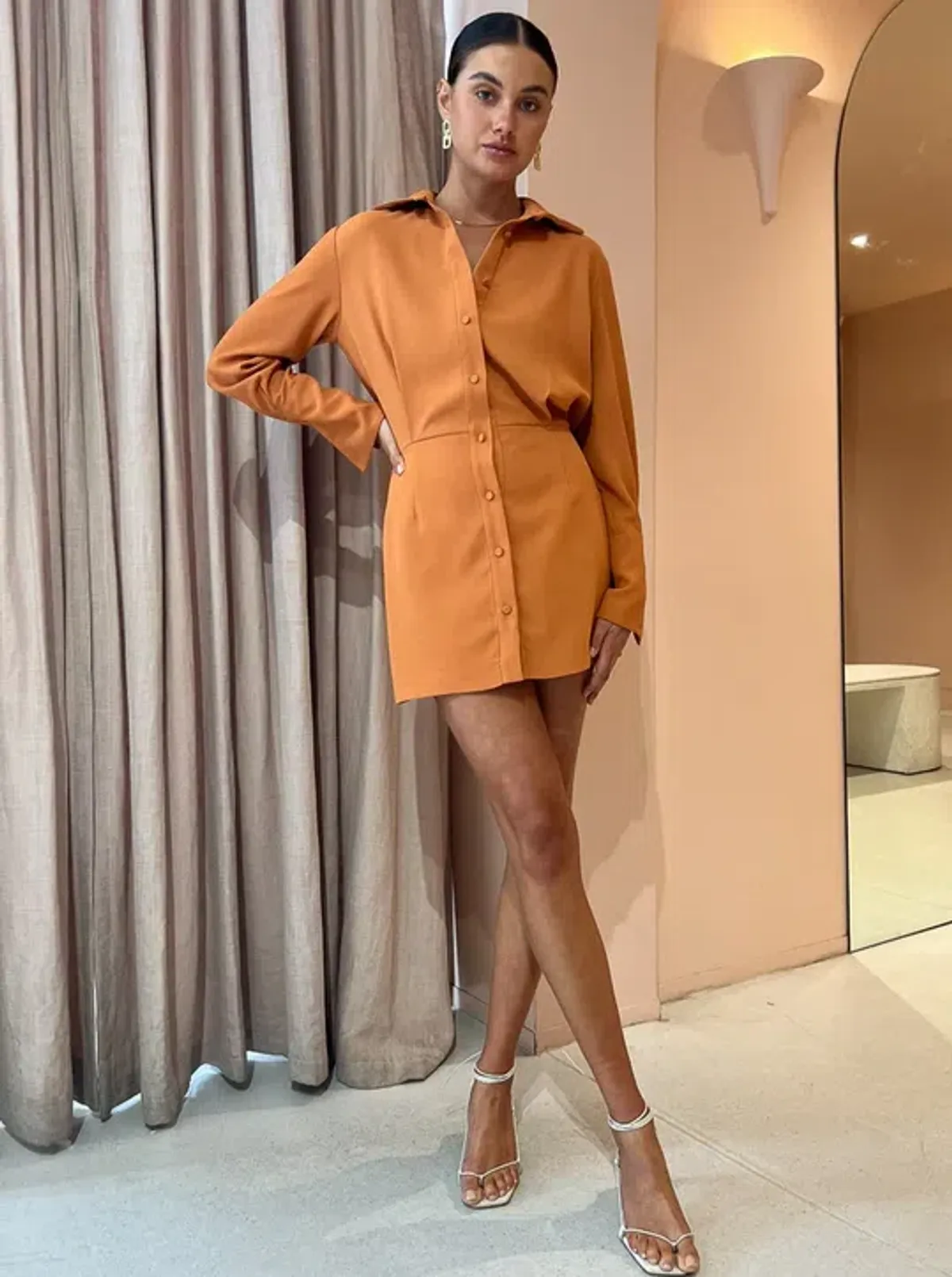 By Johnny Margot Mini Shirt Dress in Clay Size AU 14 - Image 1