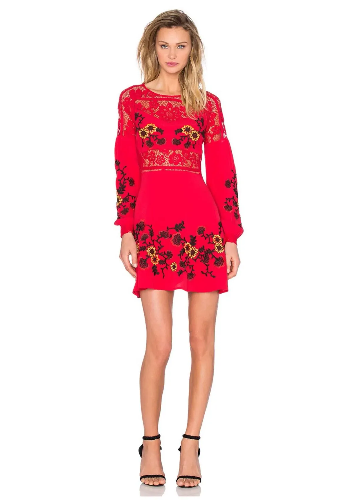 For Love & Lemons Isabella Long Sleeve Mini Dress Hot Red Size XS / AU 6 - Image 1