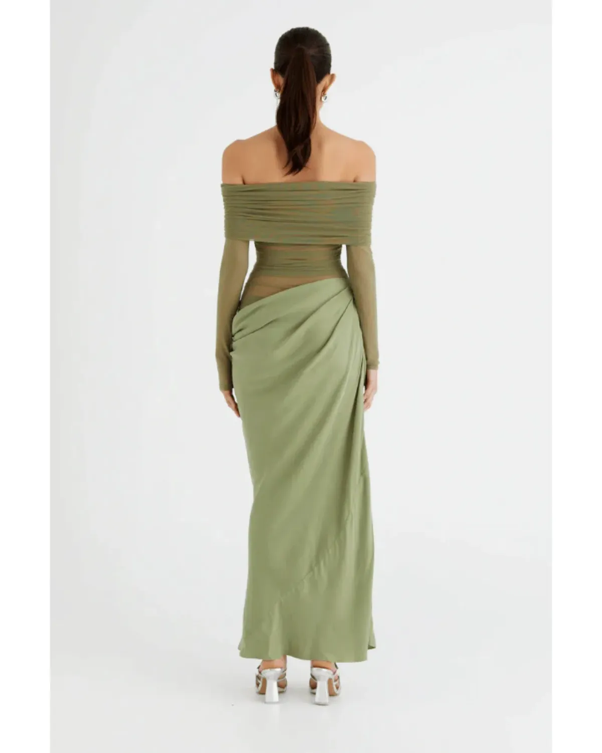 Benni Yasmin Off Shoulder Maxi Dress Pistachio Size AU 10 - Image 4