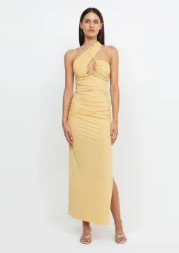 Bec & Bridge Montana Cross Over Midi Dress Straw Yellow Size 6 for rent on The Volte - image 1