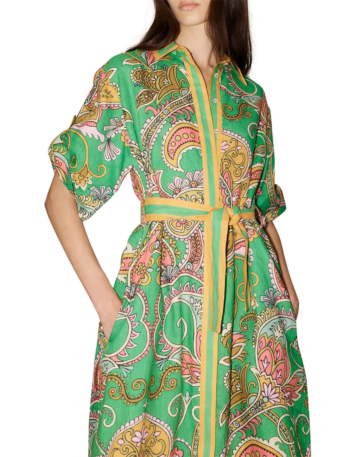 Alemais Marion Shirt Midi Dress Green Multi Size AU 12 - Image 2