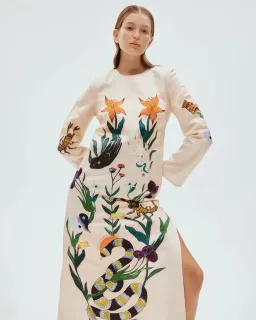 Alemais Zelda Midi Dress Champagne Multi Size AU 14 for rent on The Volte - image 4