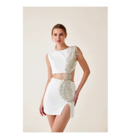 Fickle Hearts Ellie Ecru White Mini Dress With Cutouts & Embellishment Size AU 6 for rent on The Volte - image 6