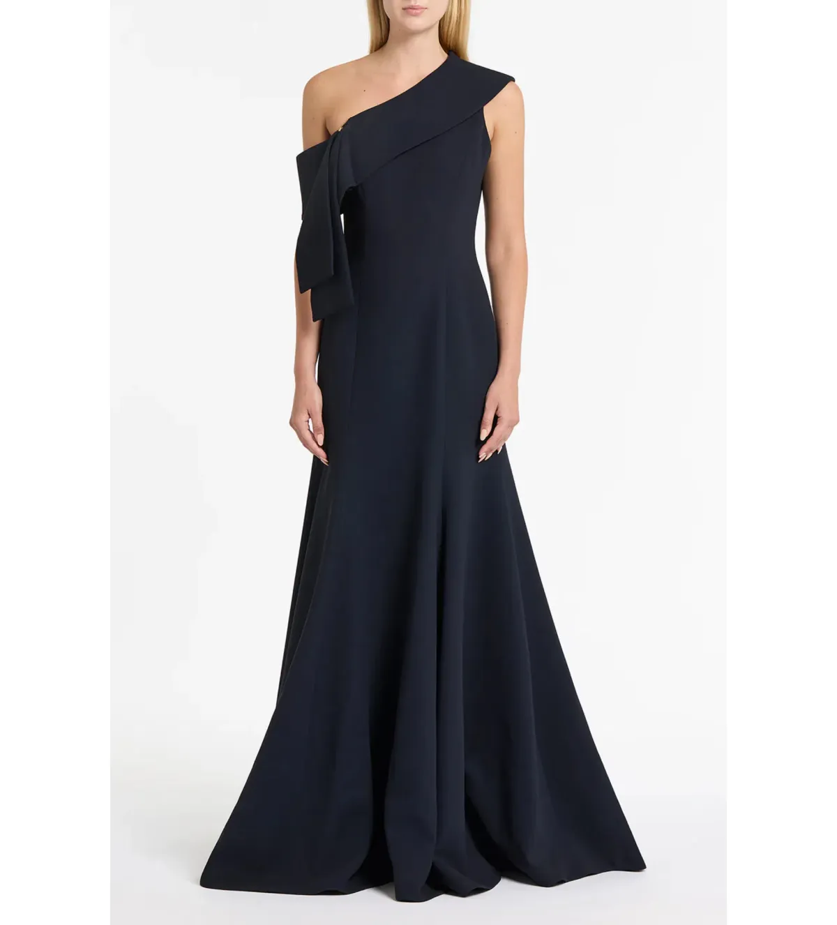 Carla Zampatti Ink Crepe Fascia Asymmetrical Gown Navy Size 12 - Image 1