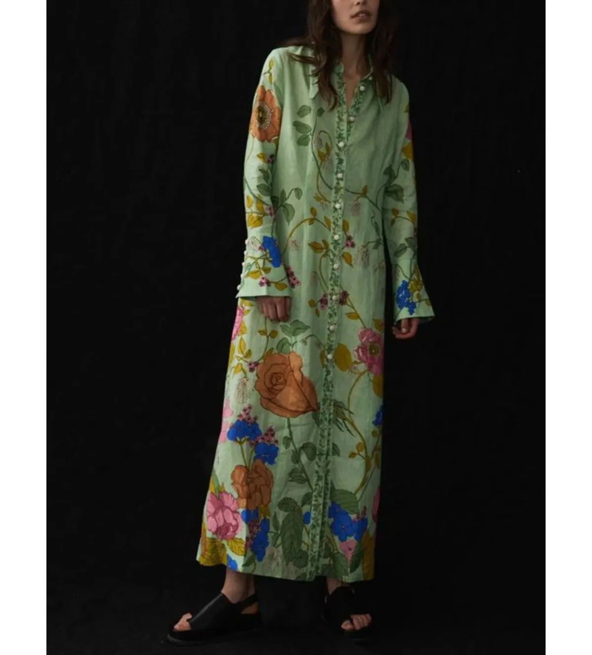 Alemais Olivia Floral Linen Maxi Shirt Dress Green Size 16 - Image 3