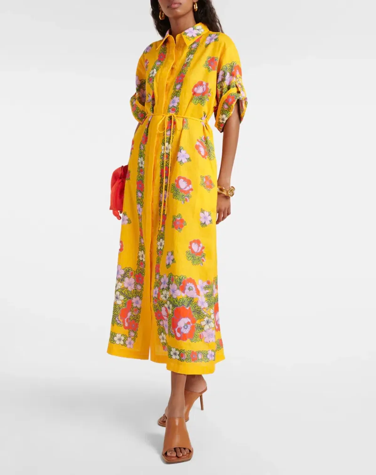 Alemais Belted Floral Linen Shirt Dress Yellow Size 12 - Image 1