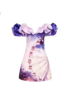 Leo Lin Bella Off Shoulder Frill Mini Dress Fairground Print Size 10 for rent on The Volte - image 2