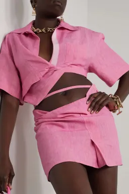 Jacquemus Capri Asymmetric Cropped Twisted Linen Shirt / Cutout Draped Linen Mini Skirt In Pink Size 6 for rent on The Volte - image 2