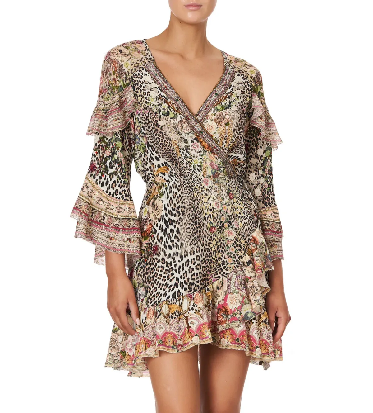 Camilla Anarchy At Annabels Short Wrap Mini Dress With Ruffles Multi Floral Print Size AU 8 - Image 4