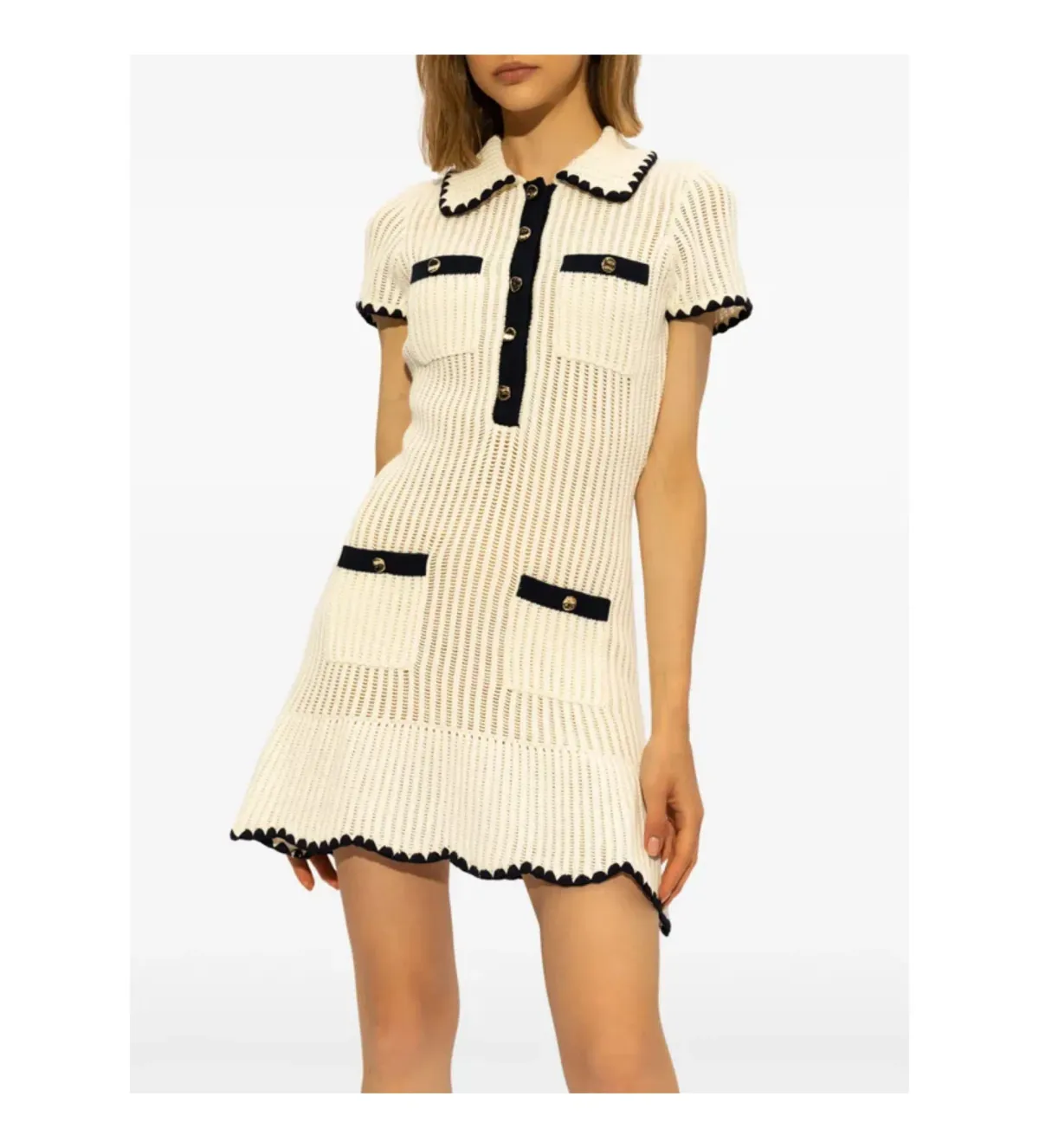 Self Portrait Cream Crochet Collared Mini Dress Size M/AU 8 - Image 3