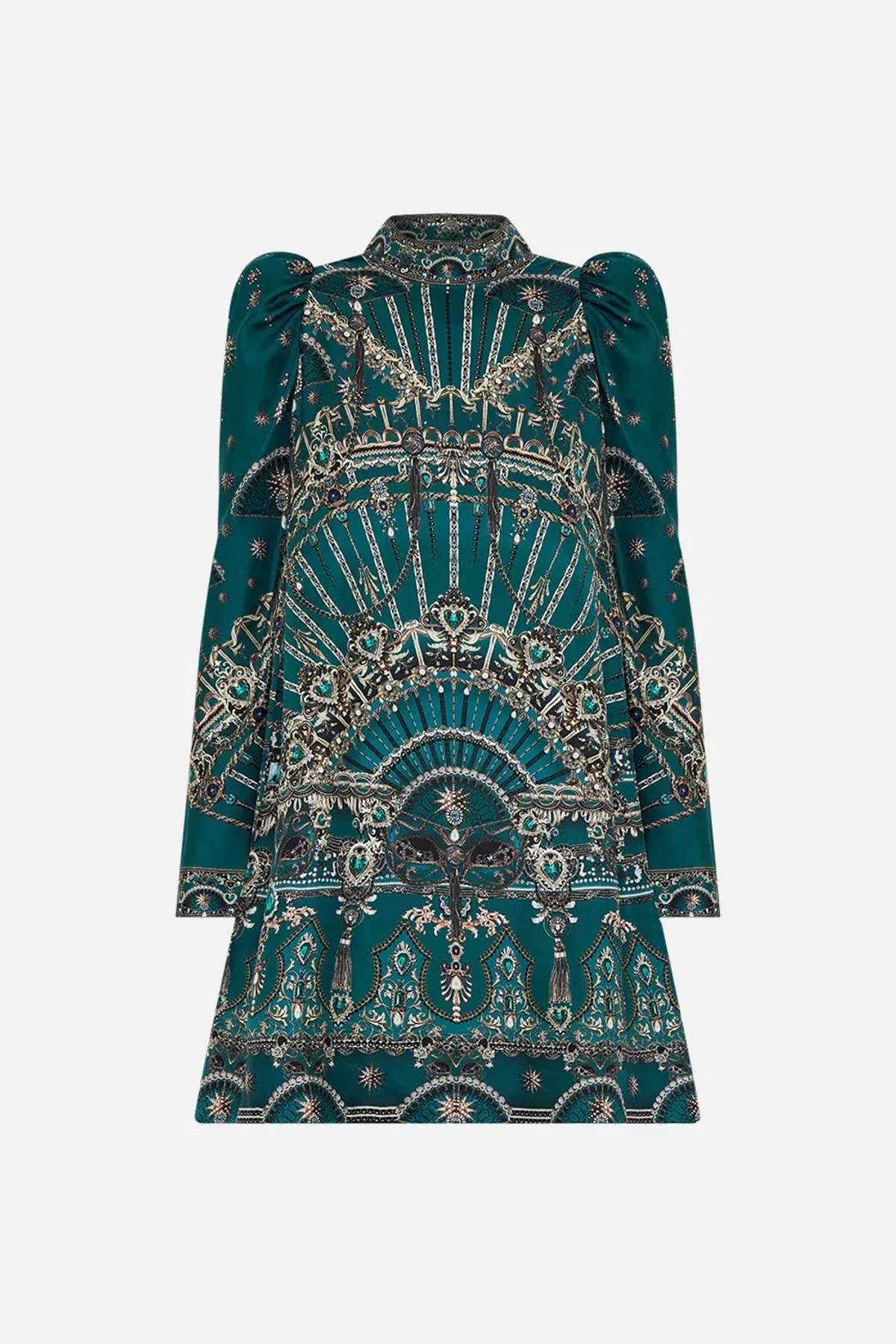 Camilla Puff Sleeve High Neck Mini Dress Green Size 14 - Image 4