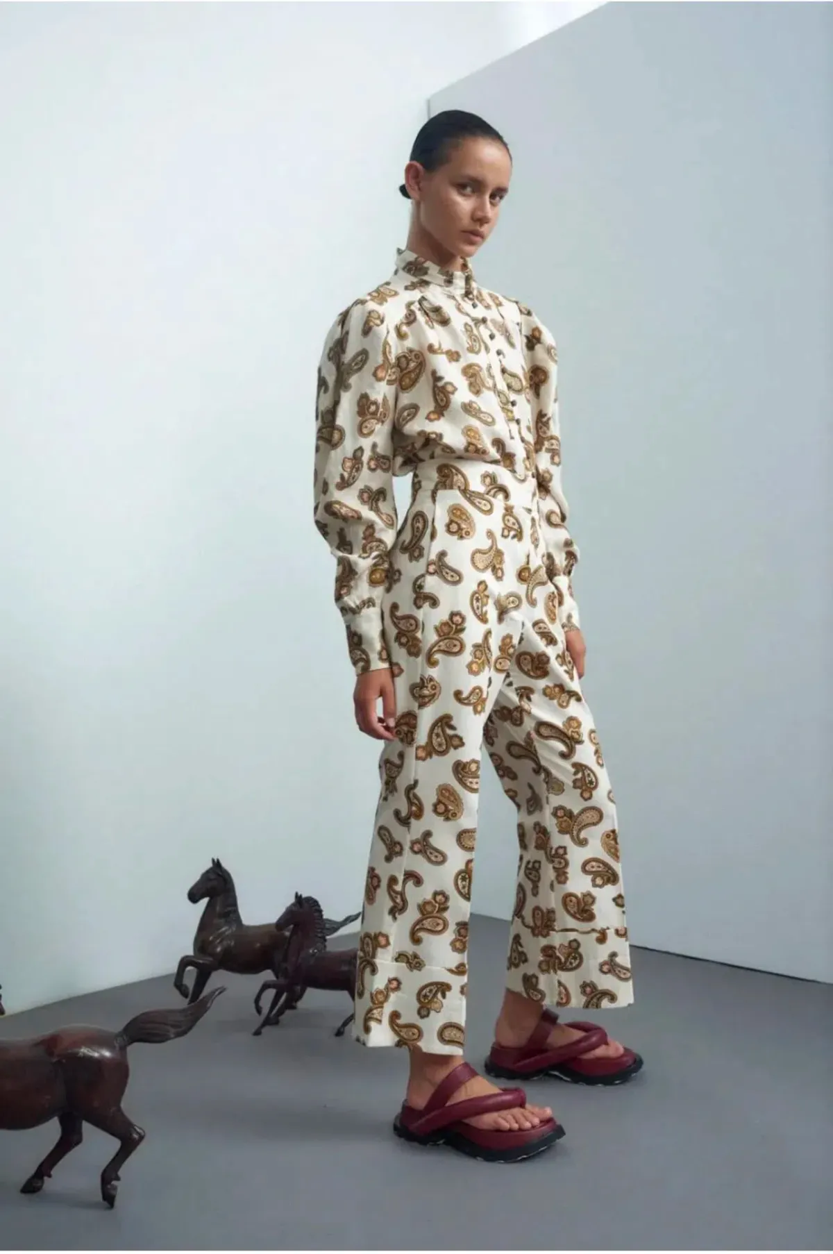 Alemais Mia Puff Blouse Size 8 & Crop Pant Size 12 Set in Cream Paisley - Image 2