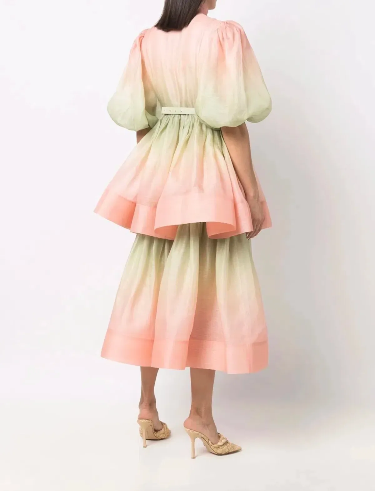 Zimmermann Postcard Puff Sleeve Midi Dress Ombre Watermelon Size 3 / AU 14 - Image 3