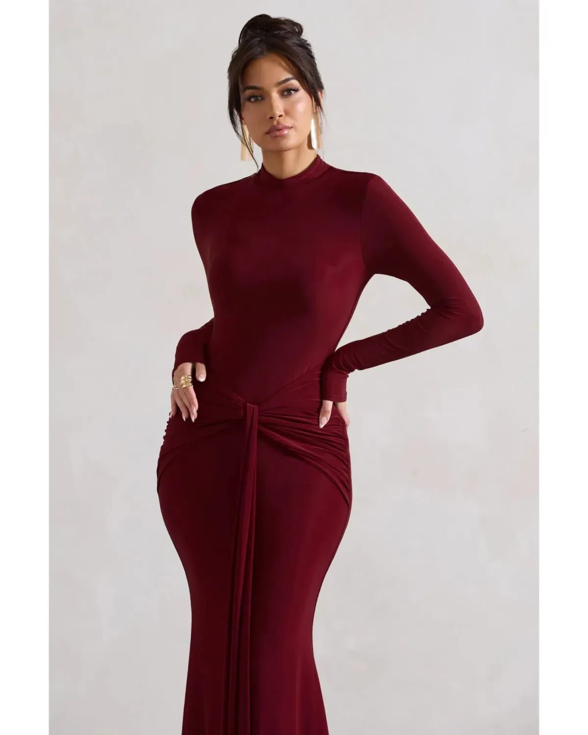 Club L London Pietra High-Neck Long Sleeve Knot Maxi Dress Berry Size AU 12 - Image 4