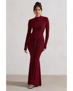 Club L London Pietra High-Neck Long Sleeve Knot Maxi Dress Berry Size AU 12 for rent on The Volte - image 1