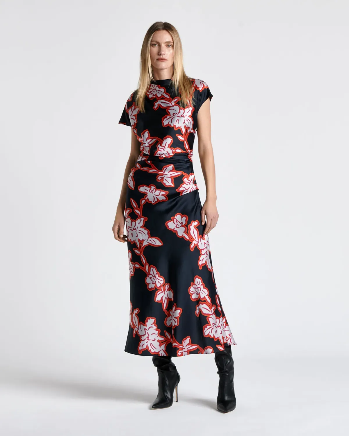 Cue Illustrated Satin Midi Dress Floral Size AU 16 - Image 1