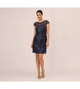 Adrianna Papell Sequin Floral Short Sleeve Mini Dress with Popover in Navy Size AU 6 for rent on The Volte - image 1