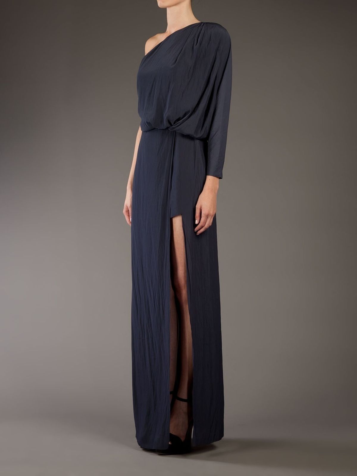 Acne Studios Emile One Shoulder Draped Maxi Silk Dress Dark Blue Size 4 - Image 3